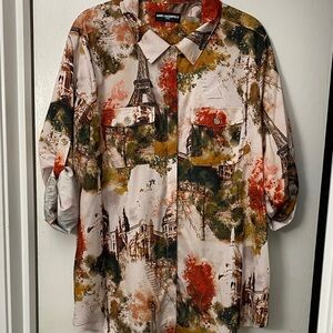 Karl Lagerfeld watercolor Paris print shirt in cream, green, rust Sz XL Bust 46”